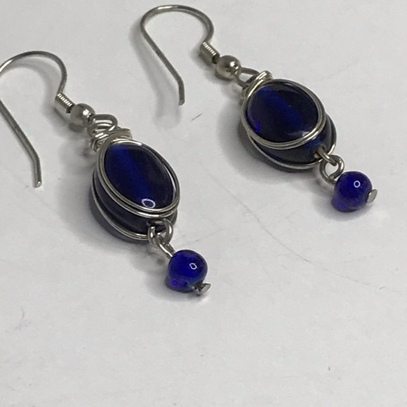 Blue Earrings Wire Pierced Artisan Made Dangle - Picture 4 of 6